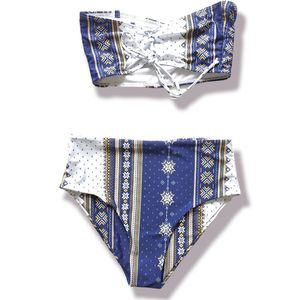 Shein XL High Waist, Leg Bikini Strapless Top‎ Front/Back Tie Blue Print NWOT
